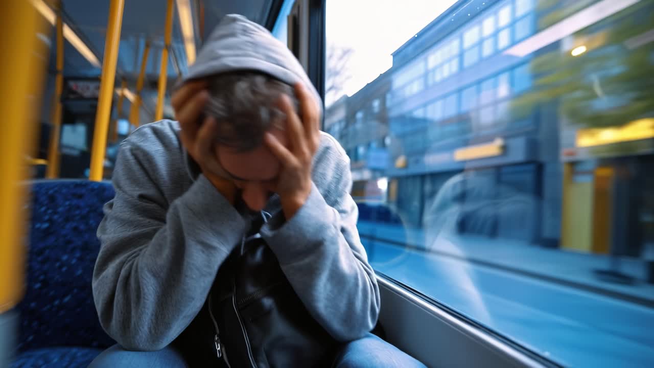 Un uomo siede sull'autobus, con la testa tra le mani, appare stressato. Si tiene la testa, gli occhi fissi all'esterno. Le strade della città si sfocano dietro di lui, con pali gialli. Emozione: frustrazione, esaurimento, tristezza. Perfetto per la salute mentale.