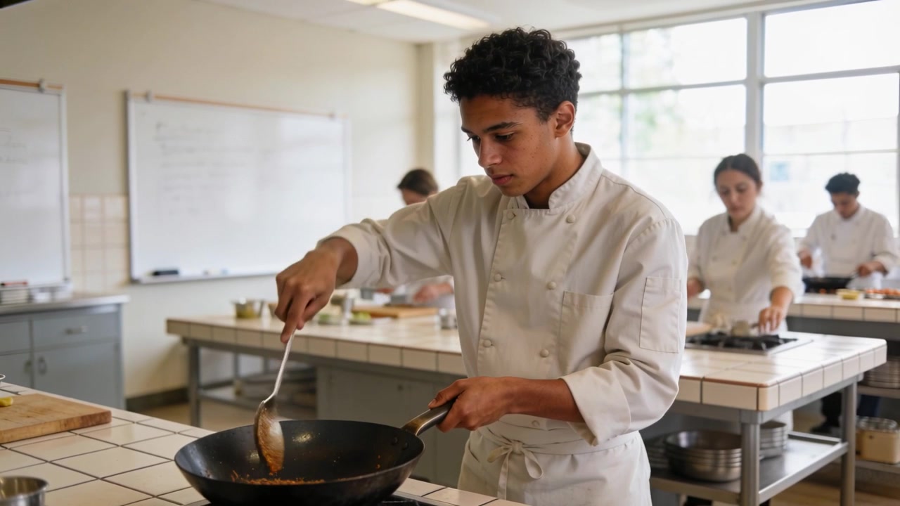 Studente in giacca da chef che mescola in cucina, wok su fiamma a gas, raccogliendo la salsa con un mestolo per impiattare