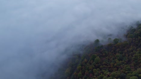 Bewölkter-Nebelrand-Mit-Waldberghang,-Antenne