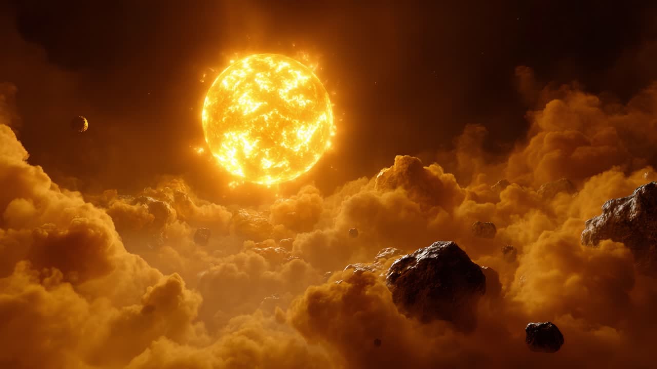 A Stunning Celestial Display of a Radiant Sun Surrounded by a Sea of Cosmic Clouds and Asteroids, Capturing the Majestic Beauty of Outer Space