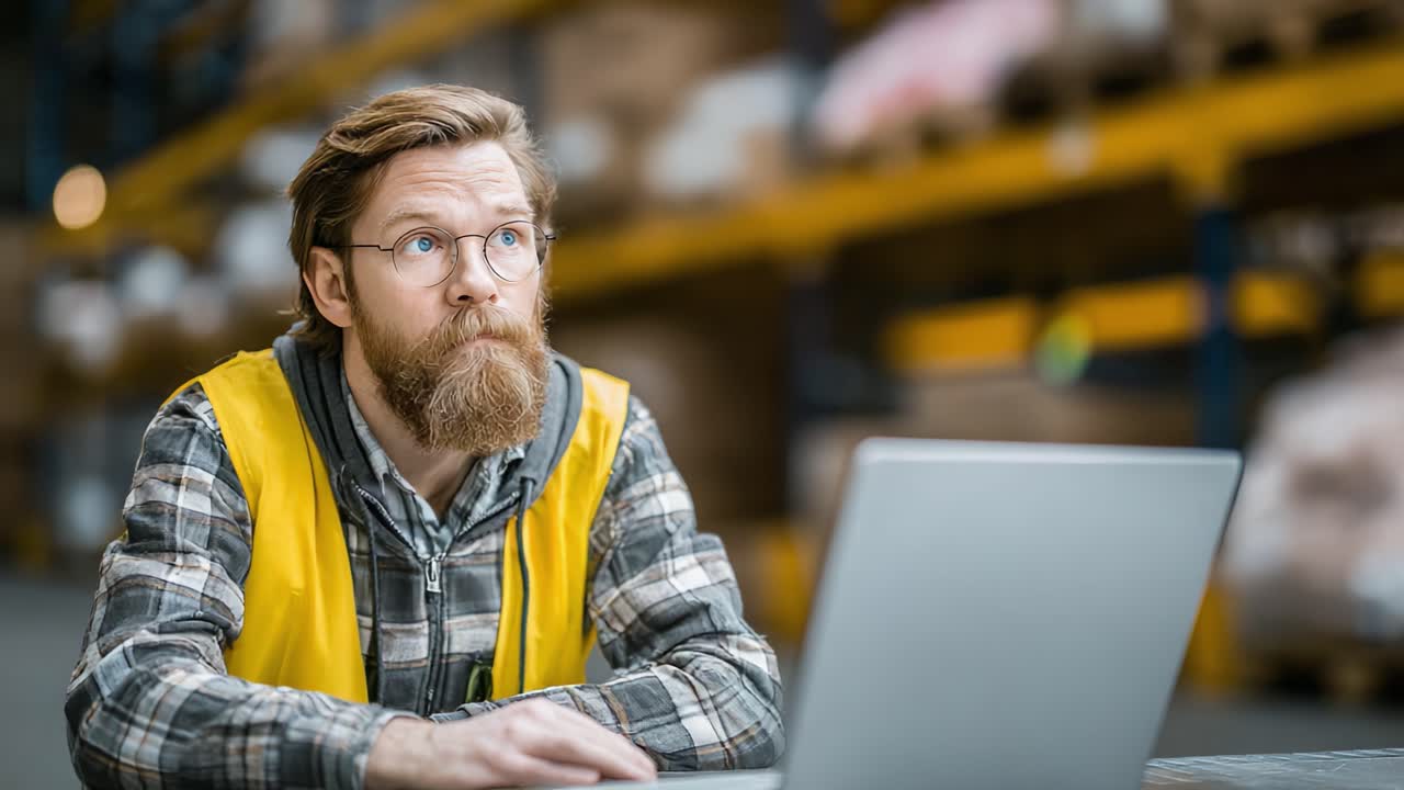 Fokussierter Lagerarbeiter analysiert Daten auf Laptop in geschäftigem Logistikumfeld, demonstriert Engagement für Effizienz und Produktivität in Logistikabläufen