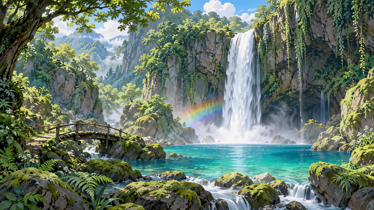 Cascata deslumbrante a cair numa lagoa tropical com arco-íris