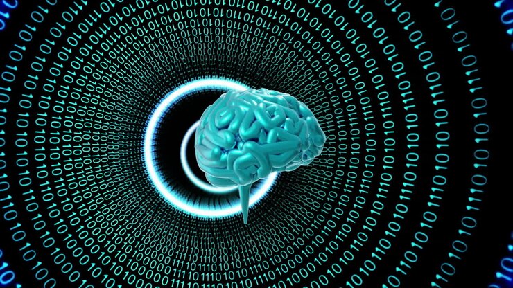 Animation of human brain and ai binary coding data processing over black background