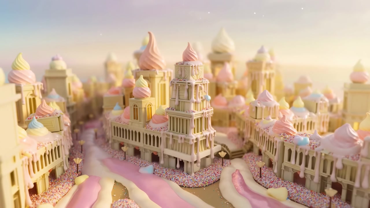 Una torre di torta a più piani sormontata da un vortice di gelato soft pastello e codette multicolori domina una città di dolci in miniatura, mentre gli edifici di pasticceria circostanti mostrano colonne, archi, balconi e glassa lucida.