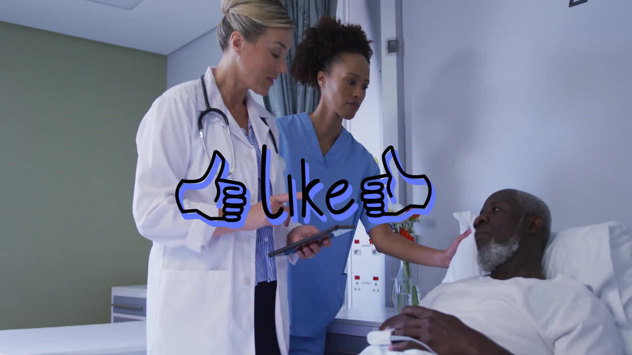 Female doctor holding tablet and nurse touching patient in hospital room, showing thumbs up overlay