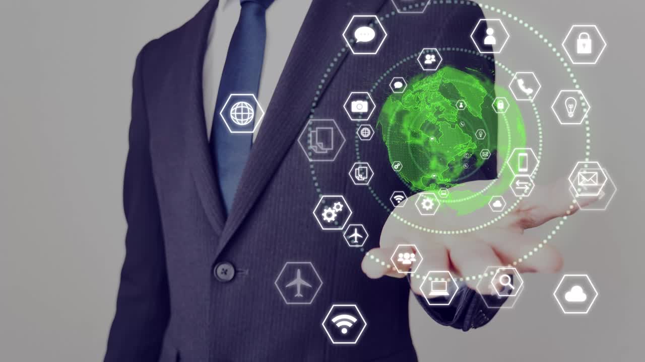 The earth is spinning in the palm of a businessman.
Image of digital virtual space.