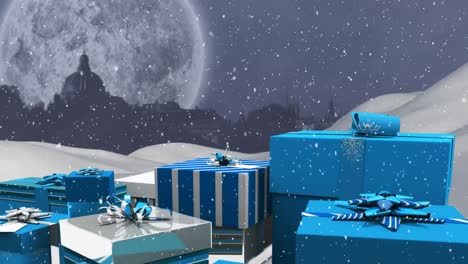 nieve cayendo y regalos de navidad
