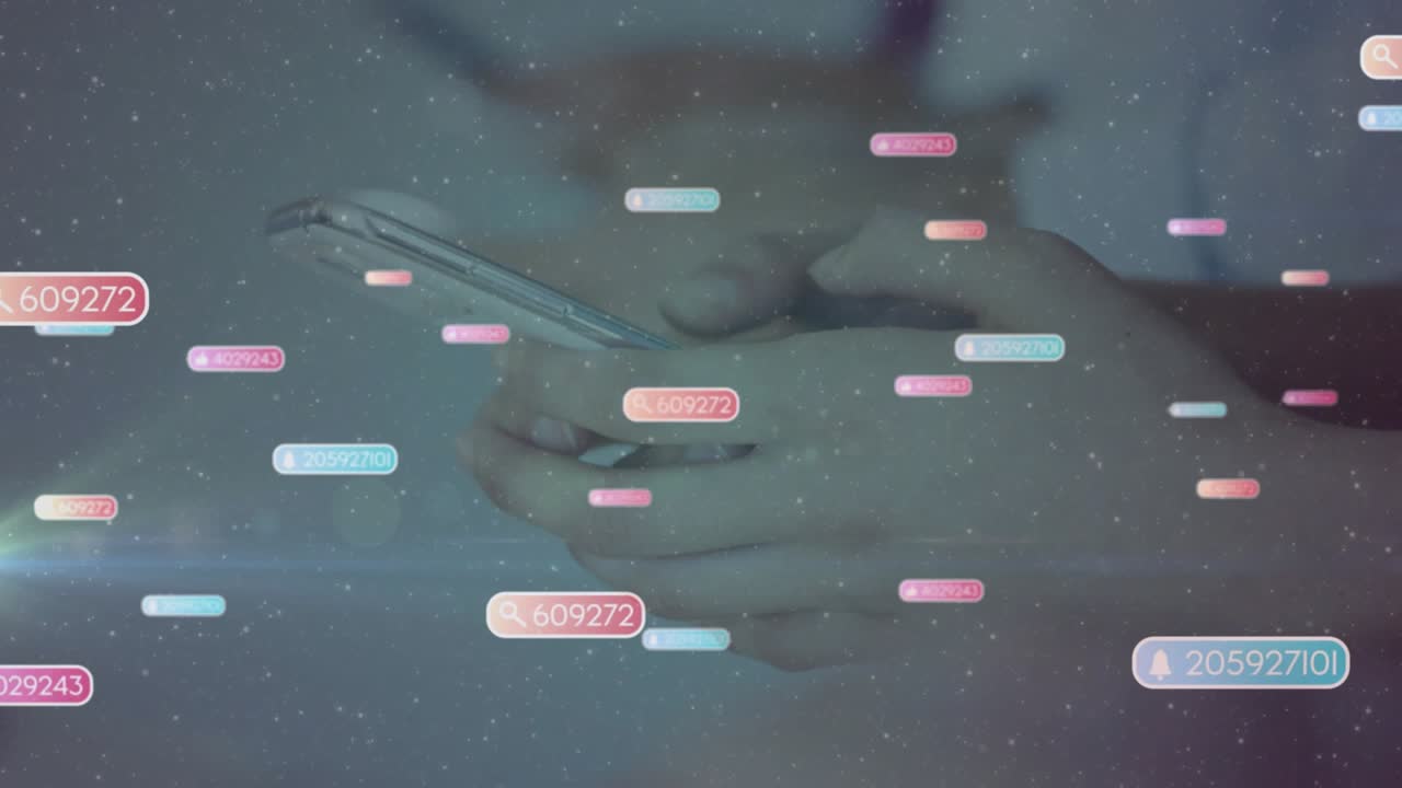 Hands cradling smartphone, tapping and swiping, launching UI labels drifting right, showing ID flow