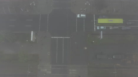 aerial view of a foggy city intersection