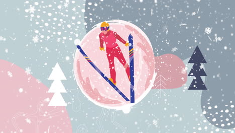 animación de la nieve cayendo sobre el saltador de esquí y el paisaje invernal de navidad