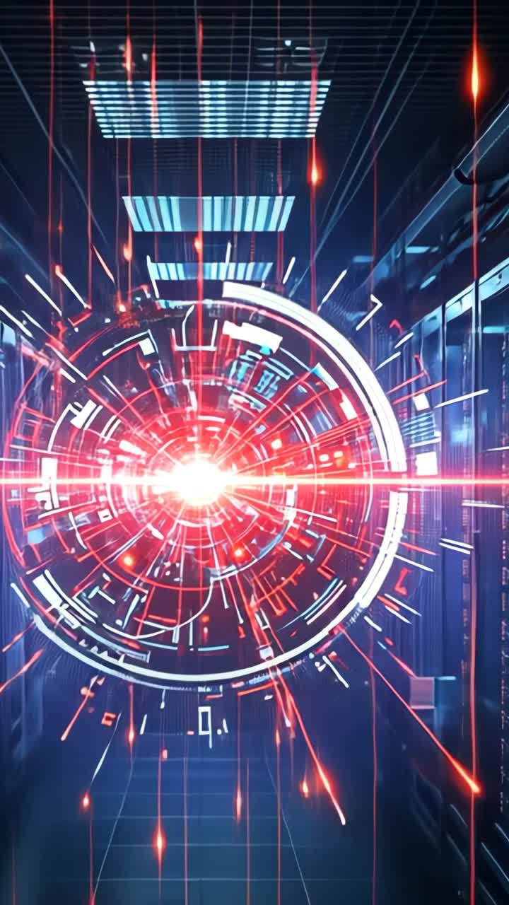 Vertical video: Emerging red core projecting lasers and rings amid server cabinets in hallway
