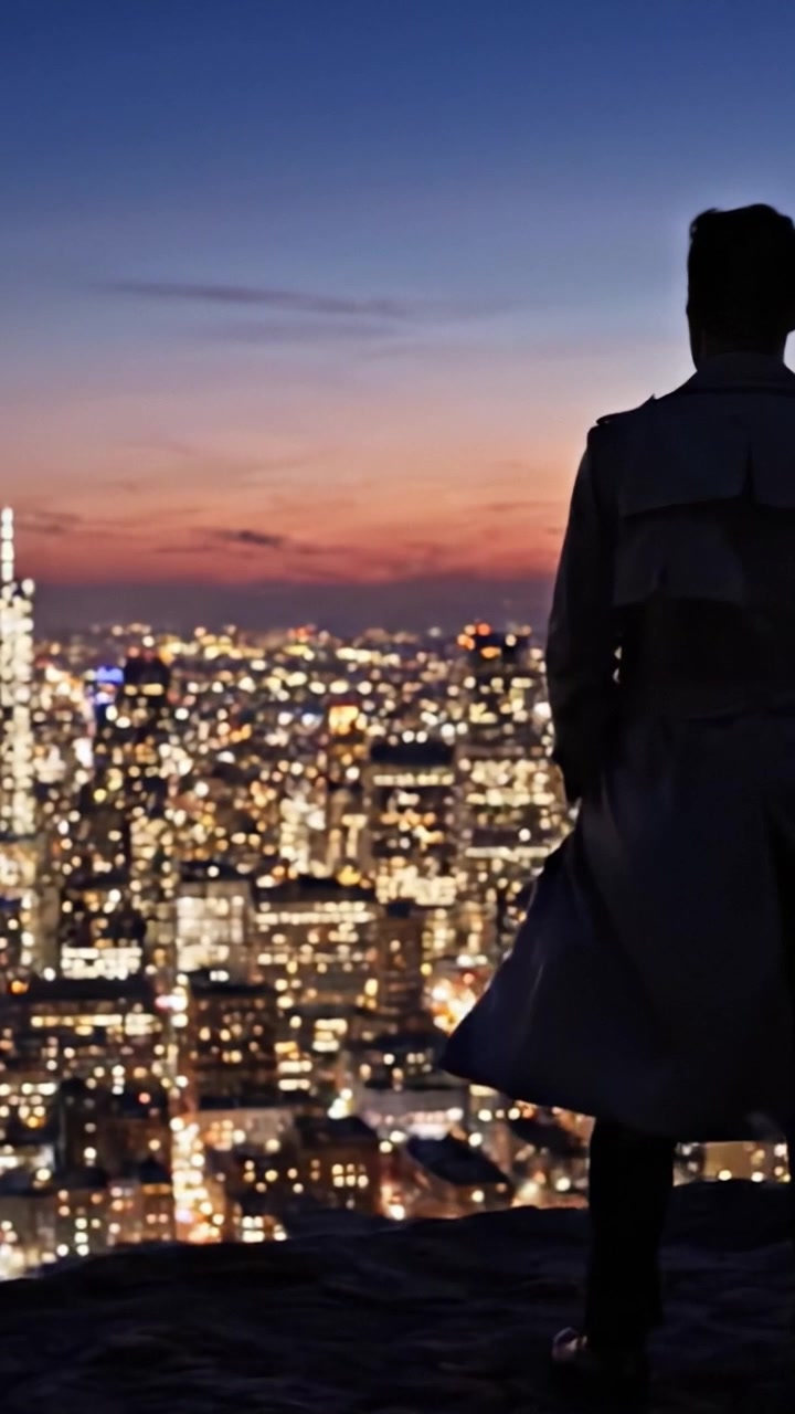 Un ritratto senza tempo di riflessione: una figura osserva uno scintillante paesaggio urbano al crepuscolo, avvolta dalle luci scintillanti della città e da un cielo crepuscolare mozzafiato.