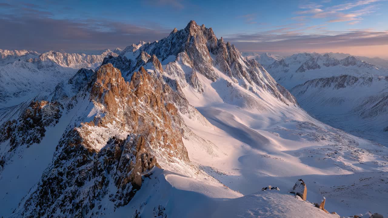 Paesaggio montano mozzafiato al tramonto: cime maestose e infinite distese di pendii innevati catturate in una luce serena