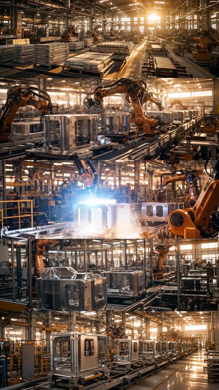 Diverse viste di fabbrica mostrano bracci robotici arancioni che si muovono attorno a contenitori metallici su nastri trasportatori mentre brillanti scintille di saldatura divampano, mentre la calda luce solare illumina attrezzature, binari e aree di lavoro