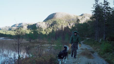 hiker with his dog on leash attached on his waist walking in the mountain track to the summit