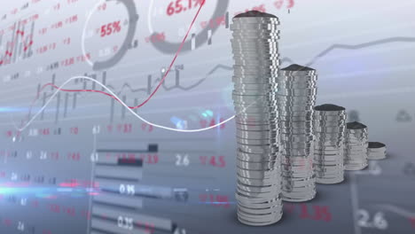 animación del procesamiento de datos financieros sobre pilas de monedas de plata