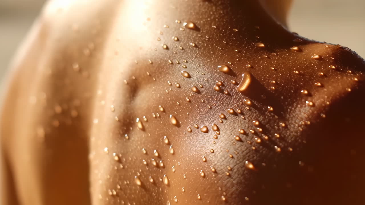 Close-up of a person's wet back with water droplets
