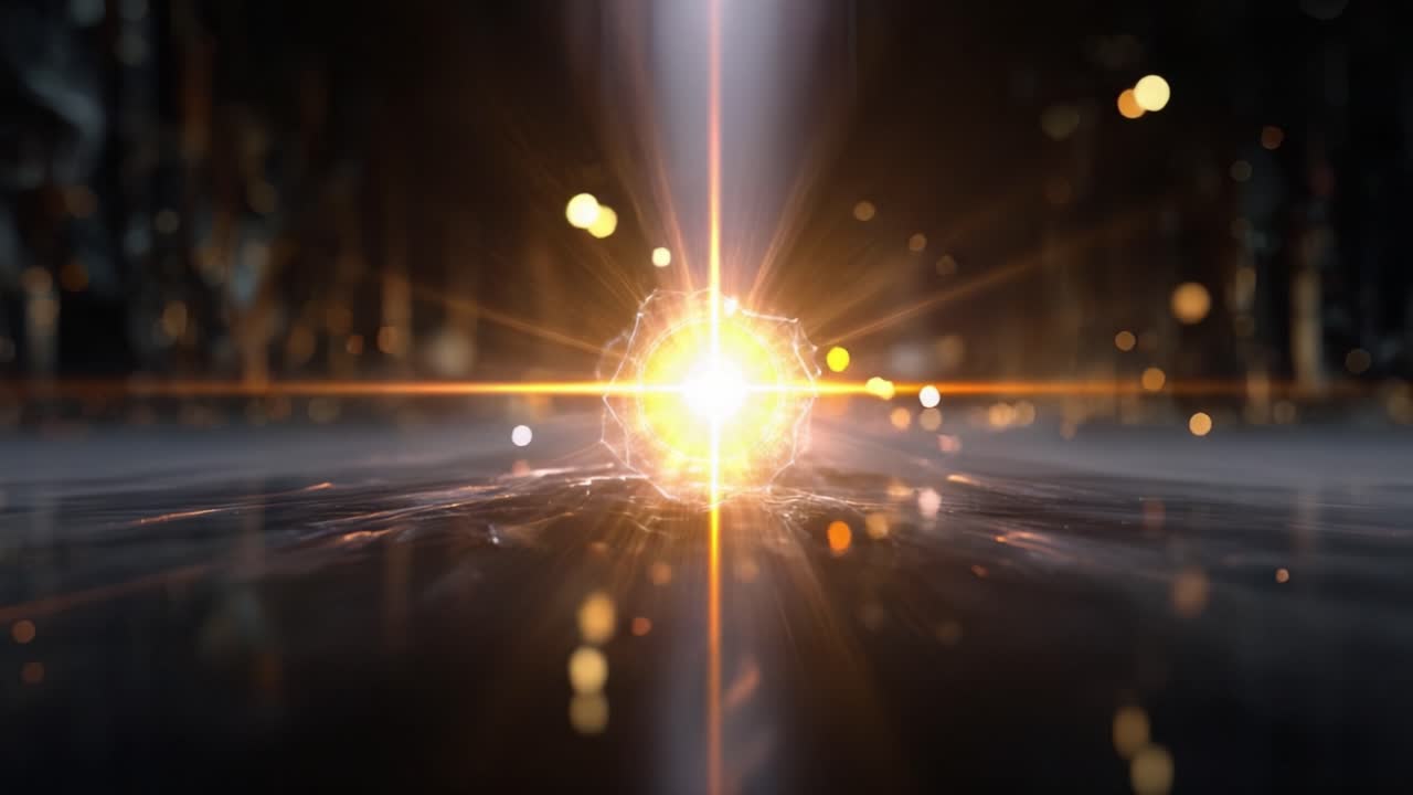 A captivating visual of a glowing orb emanating light in a dark, reflective environment, showcasing a mesmerizing blend of brightness and intricate details