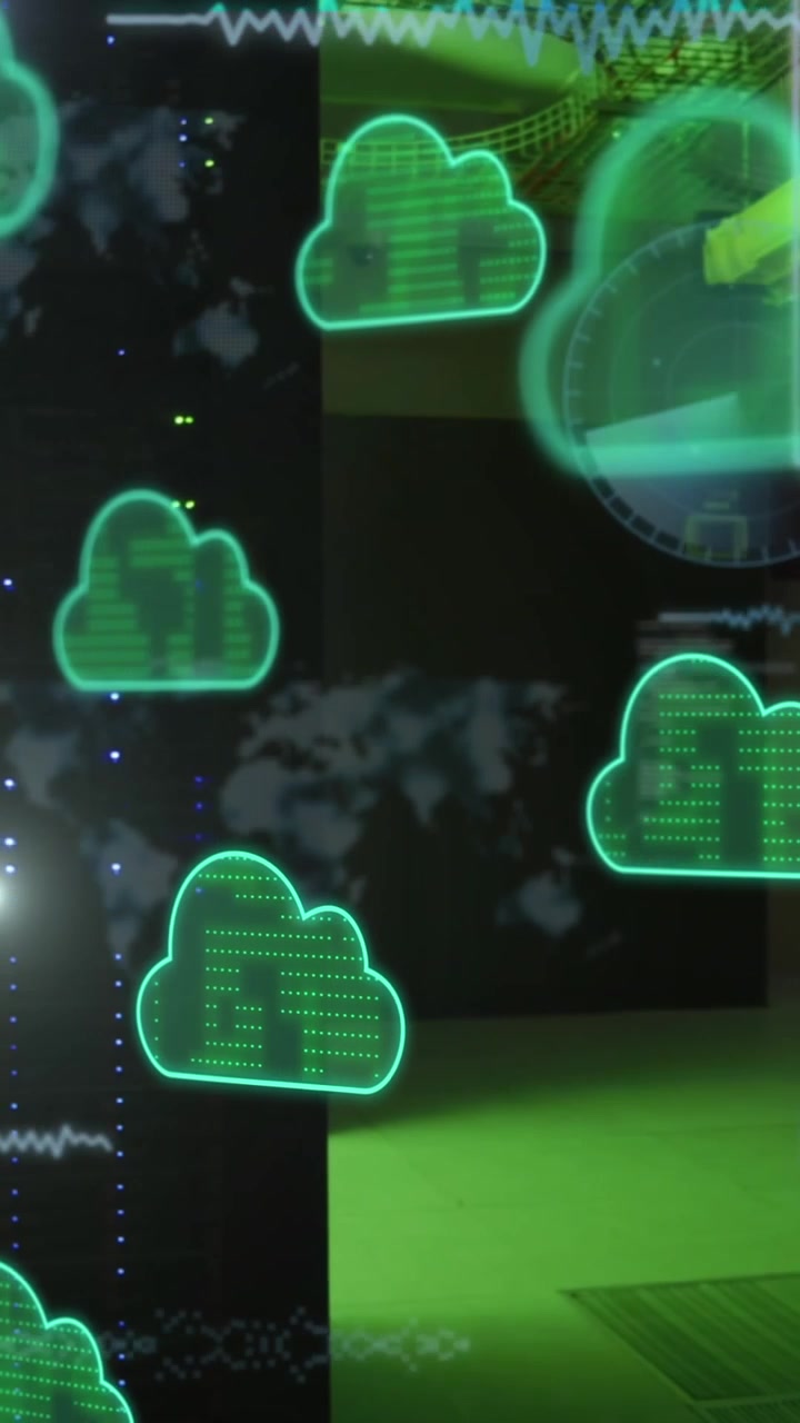 Animation of cloud icons and data processing over computer servers