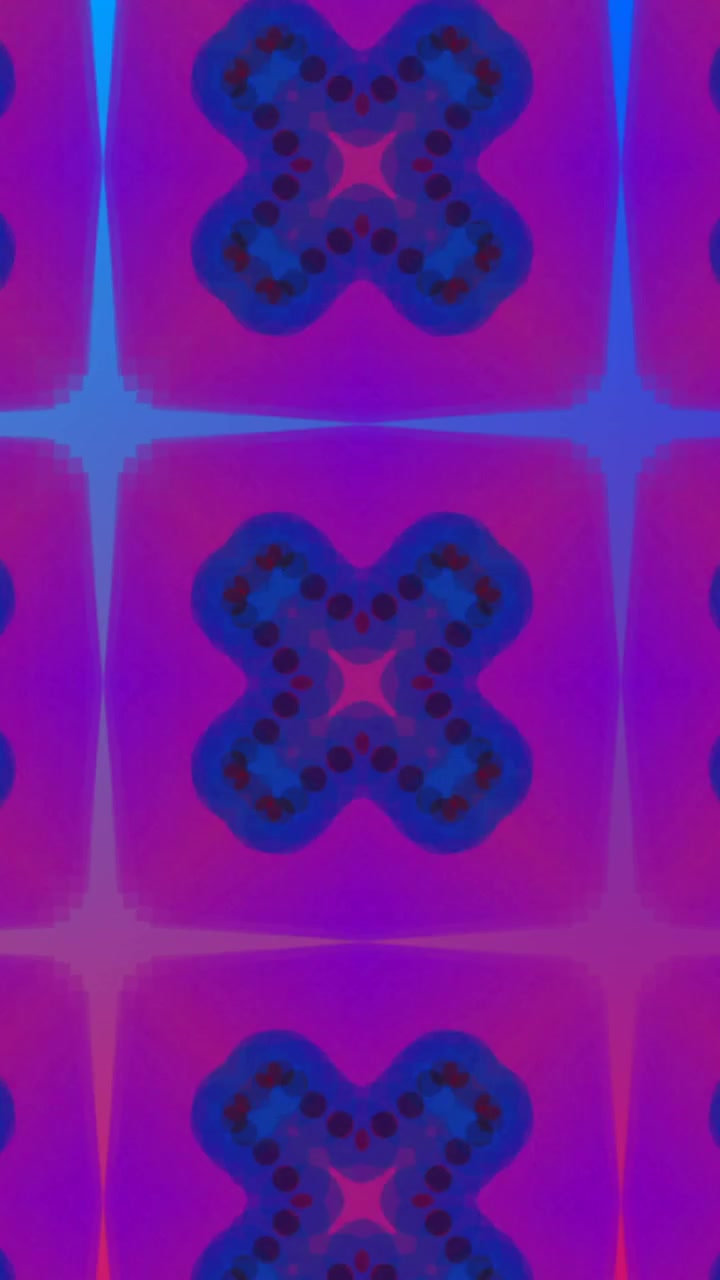 Kaleidoskopické tvary hypnoticky se pohybující na fialovém pozadí