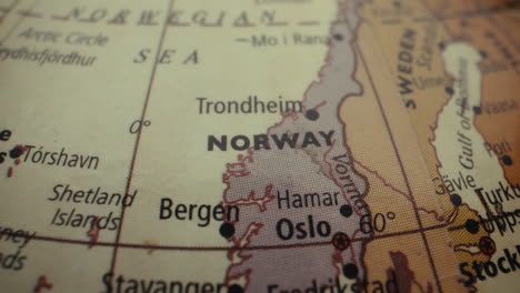 close-up of a world globe map focusing on norway