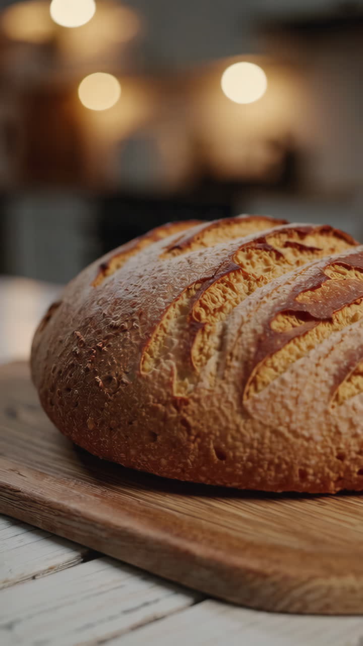 Freshly Baked Artisan Loaf of Bread on a Wooden Board