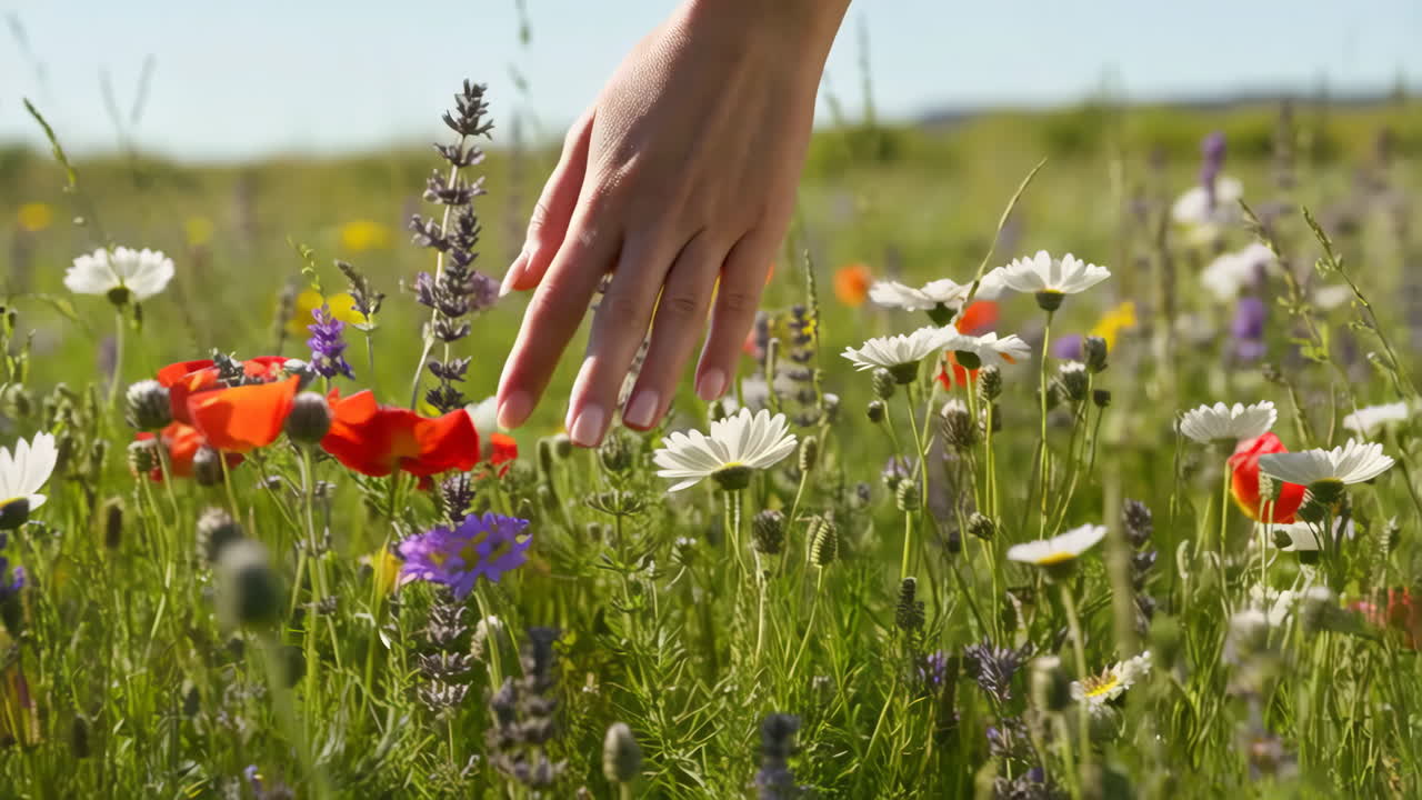 Hand touching flowers in a field