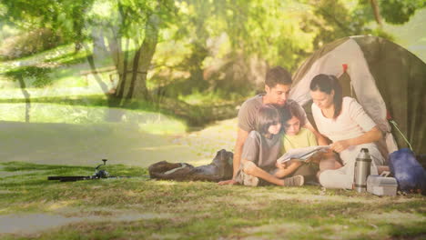 family reading book together over animation of serene forest landscape