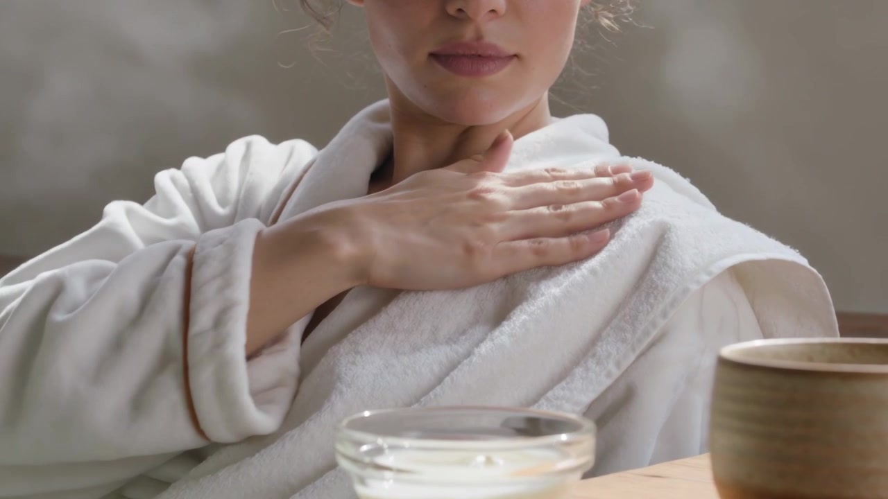 Mujer en albornoz, viendo un cuenco, aplica aceite en su hombro en una bañera de hidromasaje, un ritual de autocuidado.