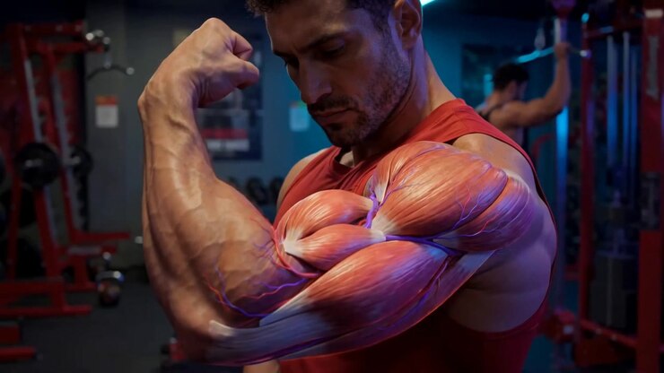 Uomo che mostra i bicipiti in palestra con dettaglio in sovrimpressione dell'anatomia muscolare animata