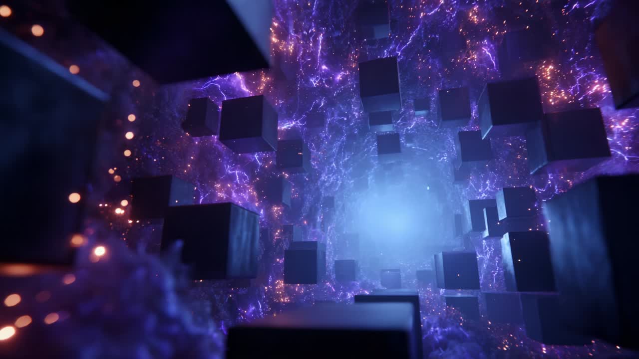 A mesmerizing journey through a futuristic digital realm filled with glowing purple energy, swirling cosmic patterns, and floating geometric shapes, creating an awe-inspiring visual experience that captivates the imagination