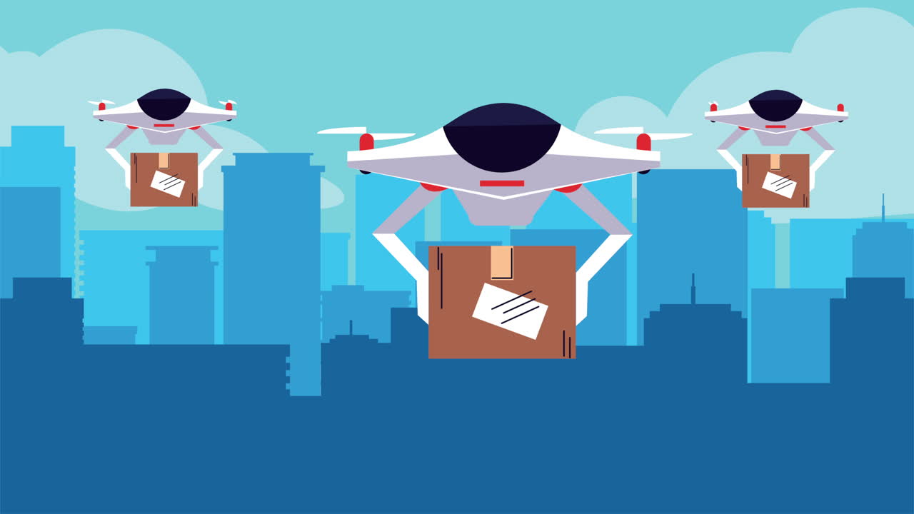 드론과 상자 애니메이션으로 배달 서비스