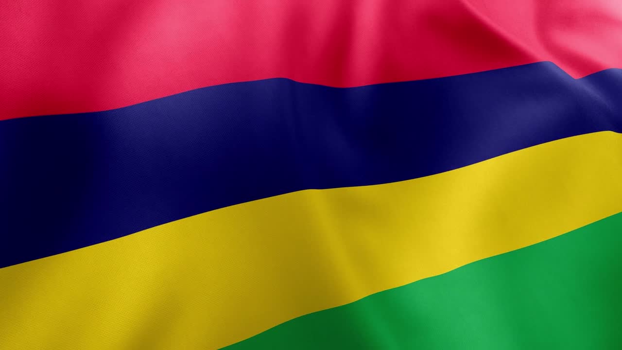 Realistic waving flag of Mauritius, red, blue, yellow, green horizontal stripes. African island nation symbol, Port Louis, patriotism, Mauritius