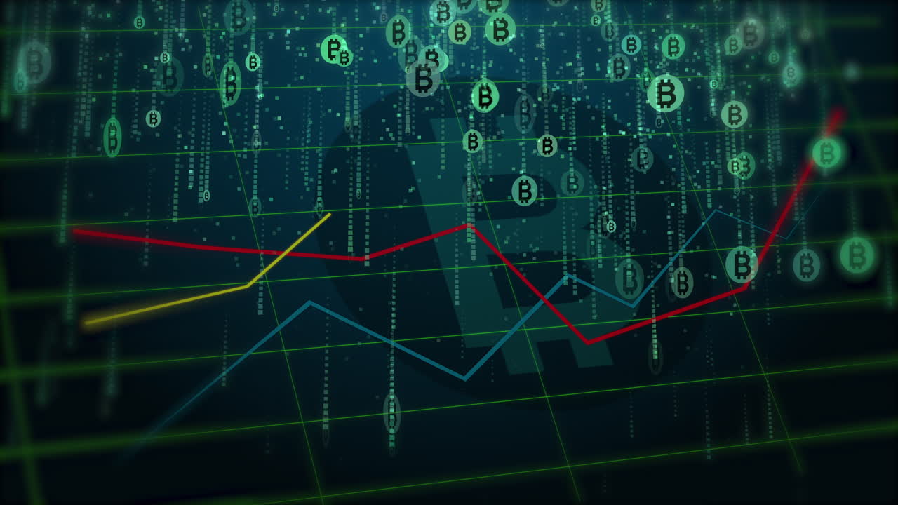 Falling down green bitcoin symbols on the background of animated stock charts. Abstract looped dark background screensaver.