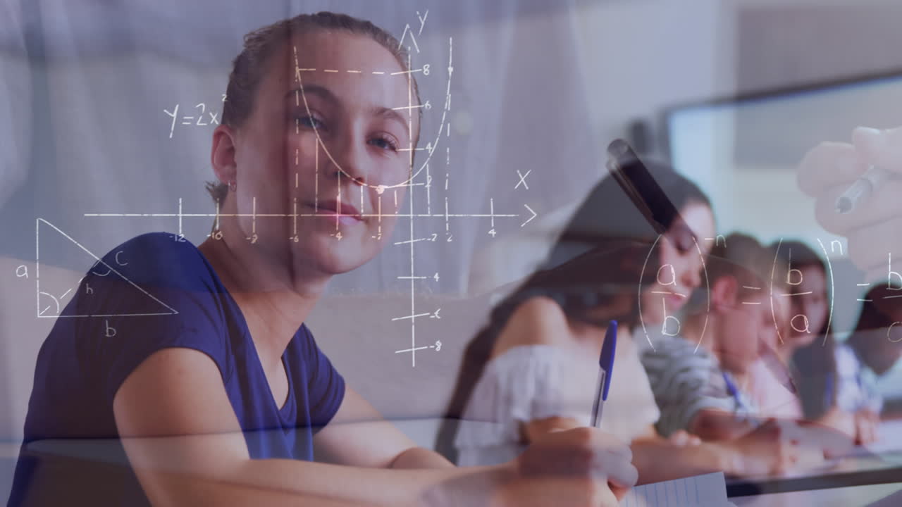 animación de ecuaciones matemáticas sobre niños de escuela escribiendo en el aula