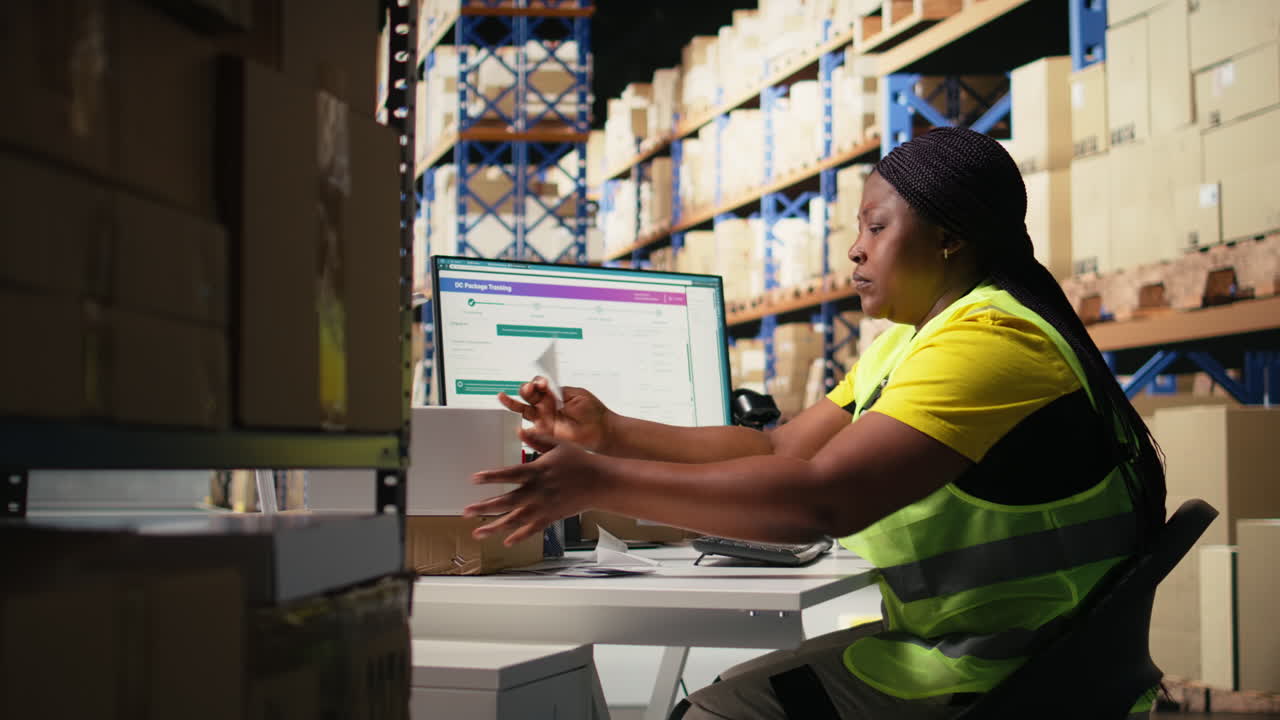 Vertical Video African american woman printing and applying airway bill tags on boxes