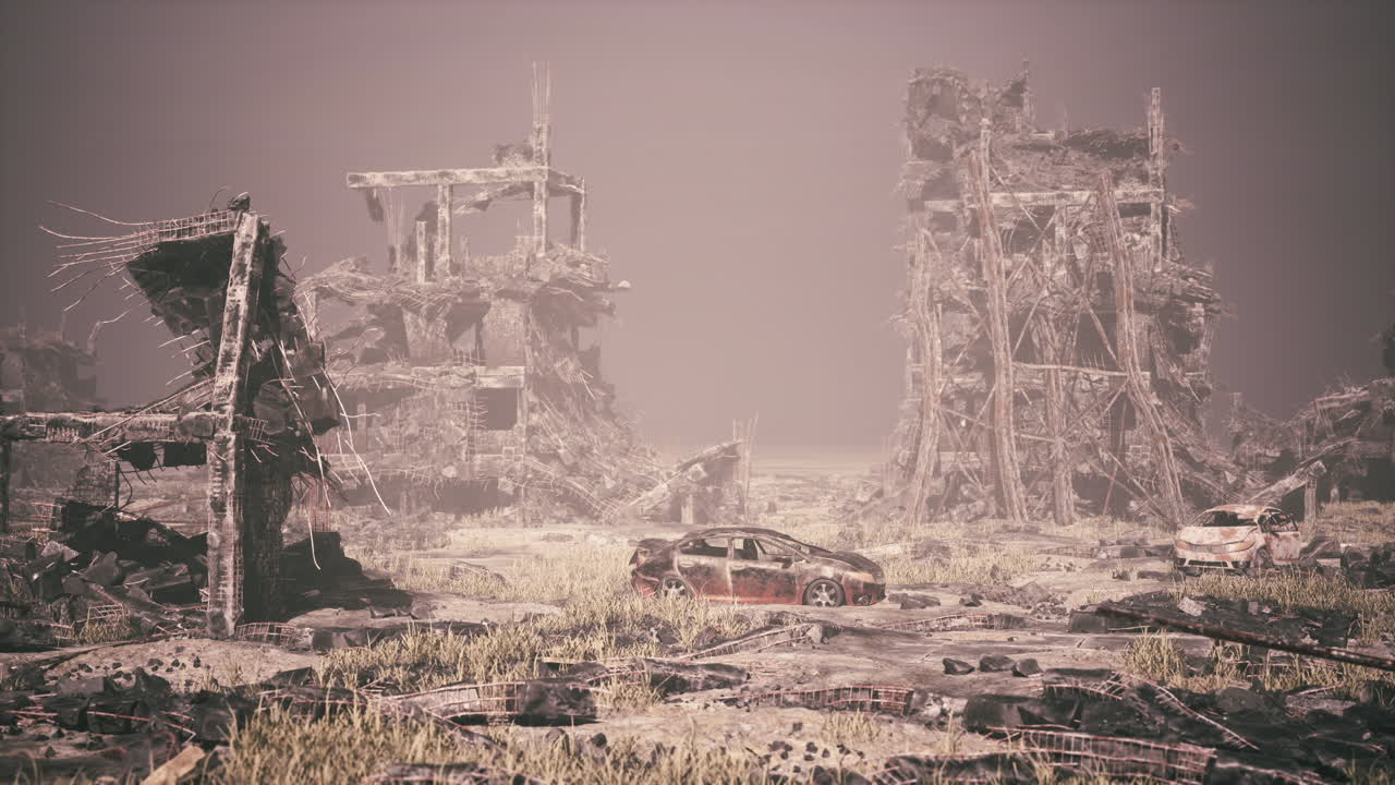 Desolate city in ruins with abandoned vehicles scattered