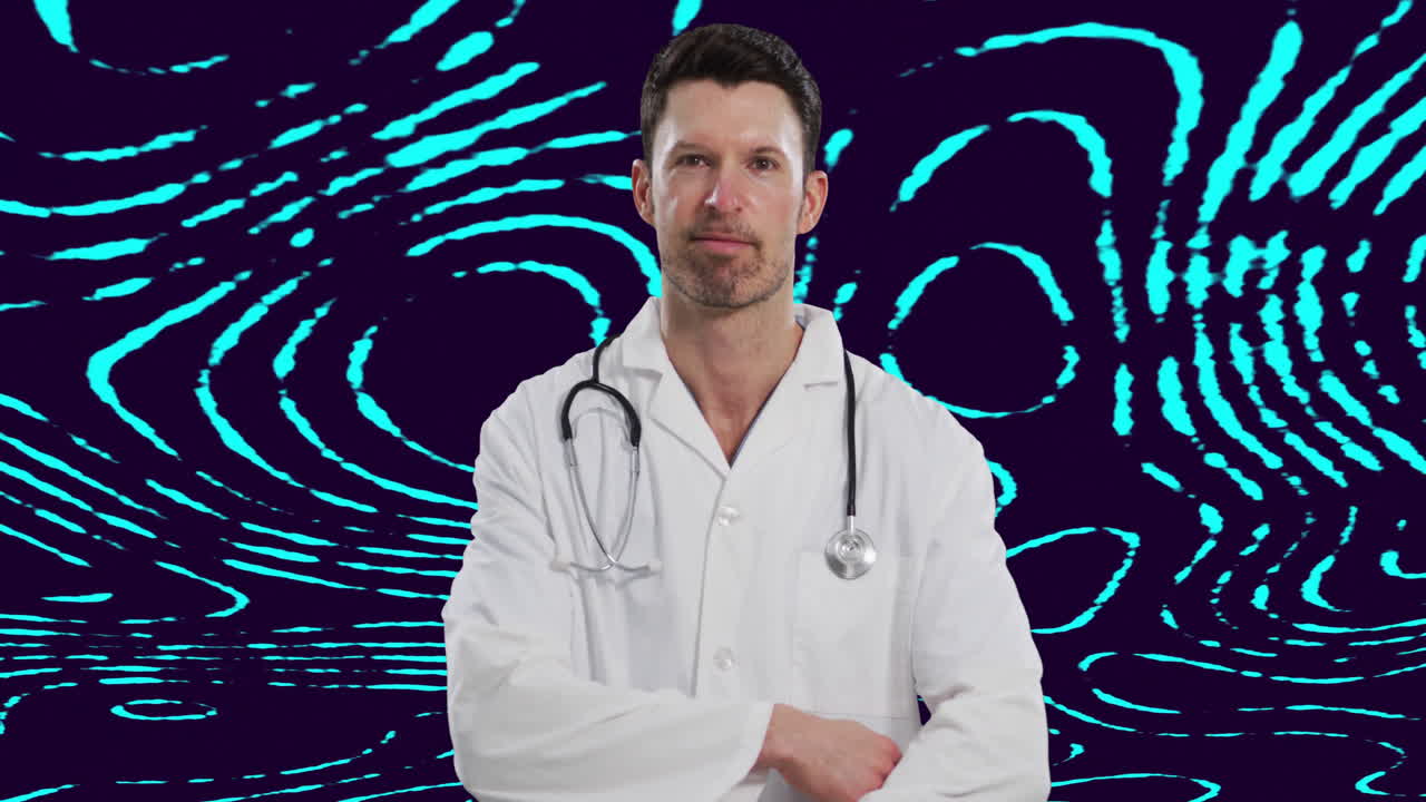 Arzt steht mit Laborkittel und Stethoskop, mit Wirbelmustern, die digitale Gesundheit zeigen.