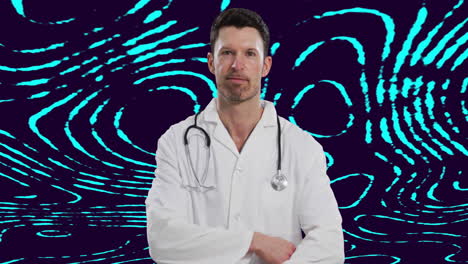 male doctor standing wearing lab coat and stethoscope with swirl patterns showing digital health