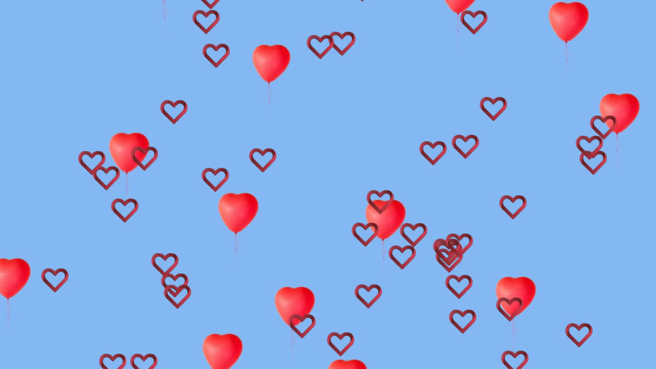 múltiples globos en forma de corazón e iconos de corazón flotando contra un fondo azul