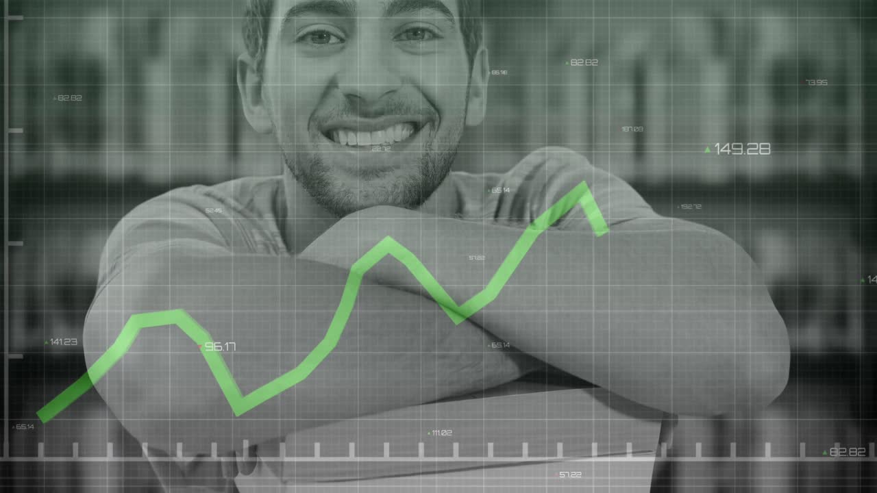 animación del procesamiento de datos financieros sobre hombres caucásicos