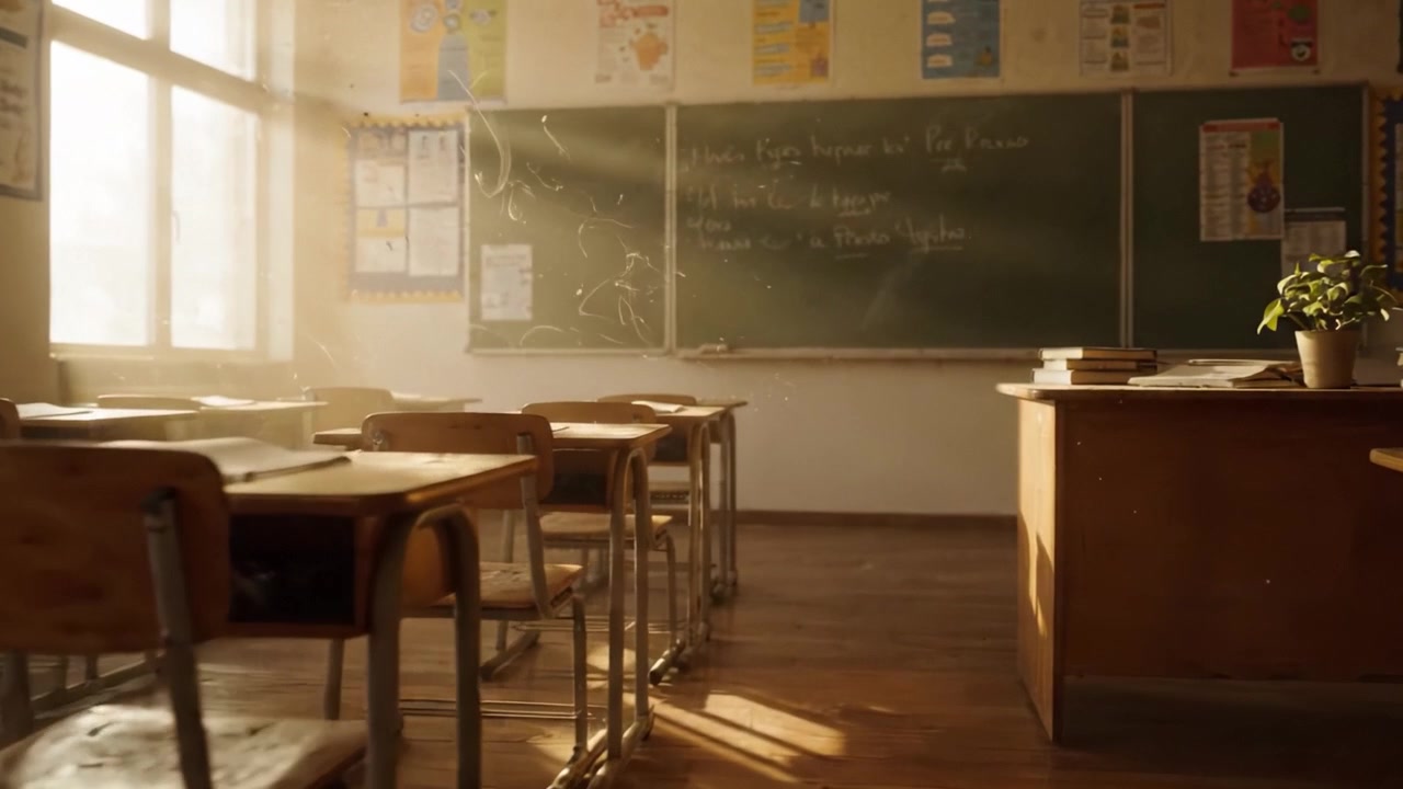 Un'aula serena inondata di luce solare: Viste accattivanti di banchi vuoti e lavagne illuminate che creano un ambiente di apprendimento tranquillo