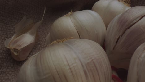 Fresh-garlics-on-linen-cloth,-dolly-backward-view
