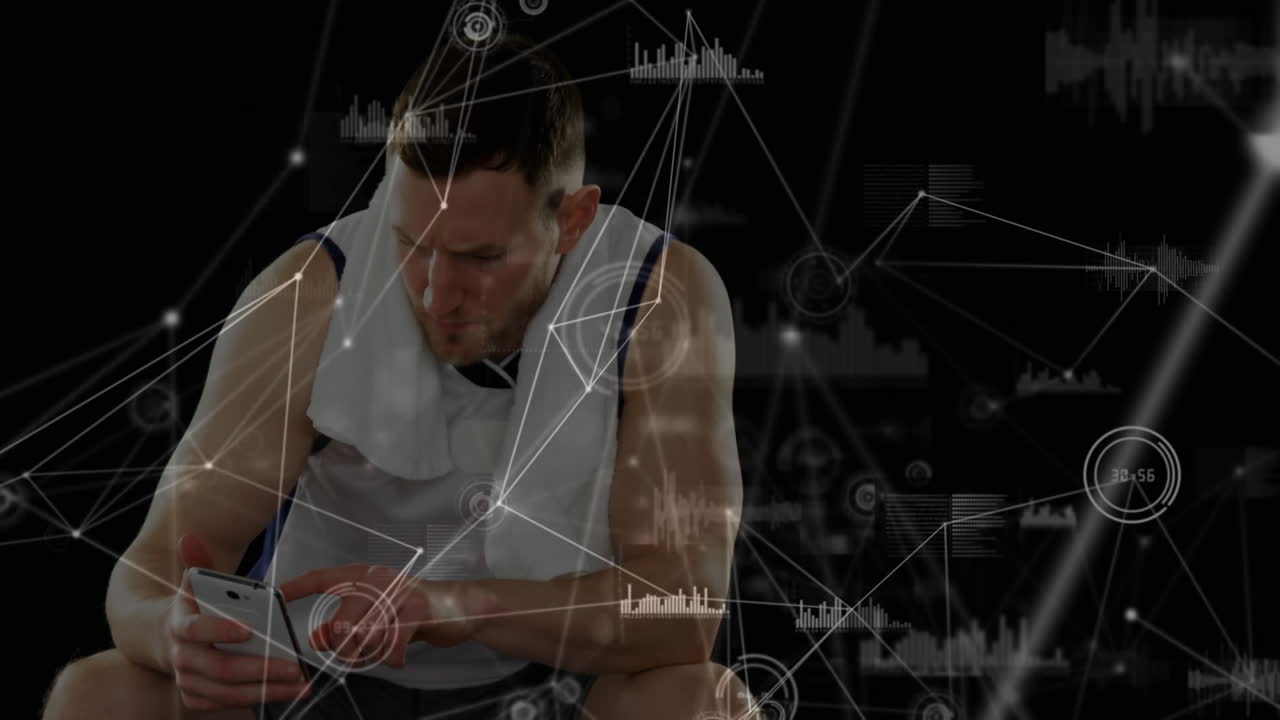 스마트 폰을 사용하는 운동 선수와의 연결 네트워크의 애니메이션
