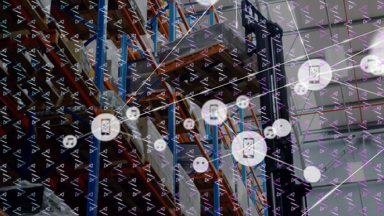 Abstract shapes in seamless pattern and network of digital icons against forklift at warehouse