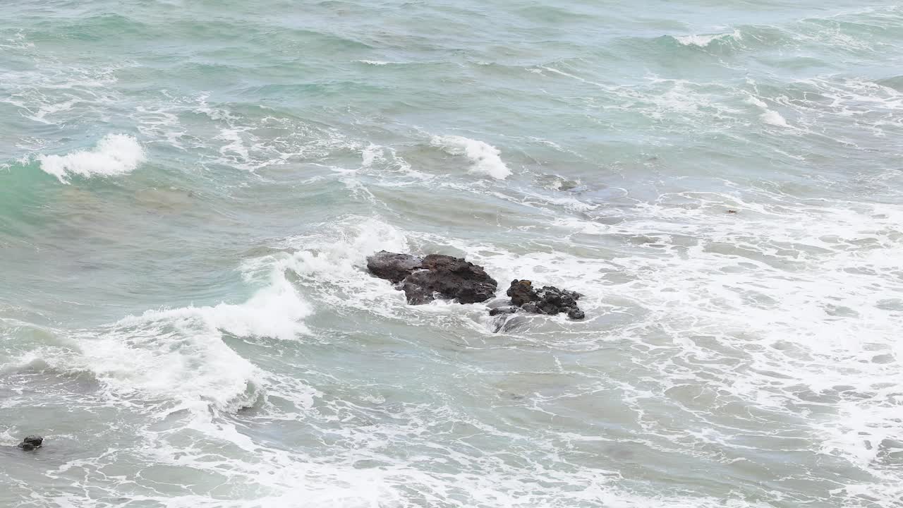 Dynamic ocean waves crash against rugged rocks under soft daylight, capturing the raw power of nature's coastal forces