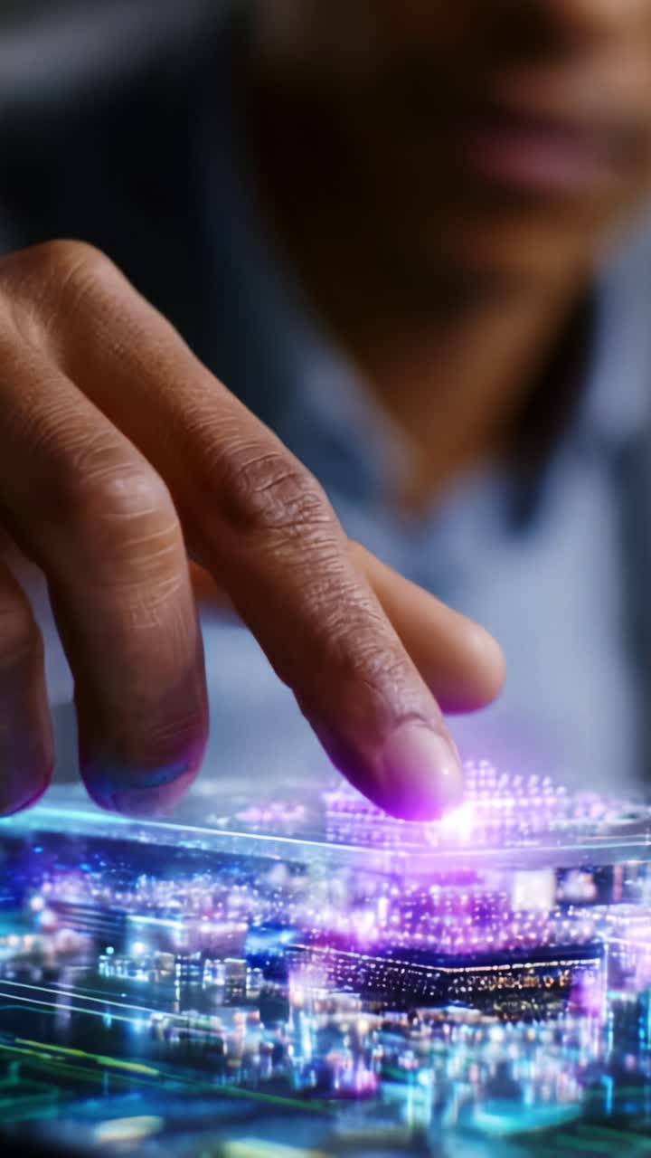 Innovative teknologiske fremskridt fremvises, når en finger interagerer med et digitalt bybillede på et printkort, hvilket afspejler fremtiden for smart teknologi