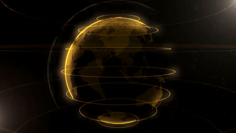 abstract particle. golden, orange planet inside the veilted one, created of dots. little white dots on the background. sphere. golden sphere is looping slowly. 4k.