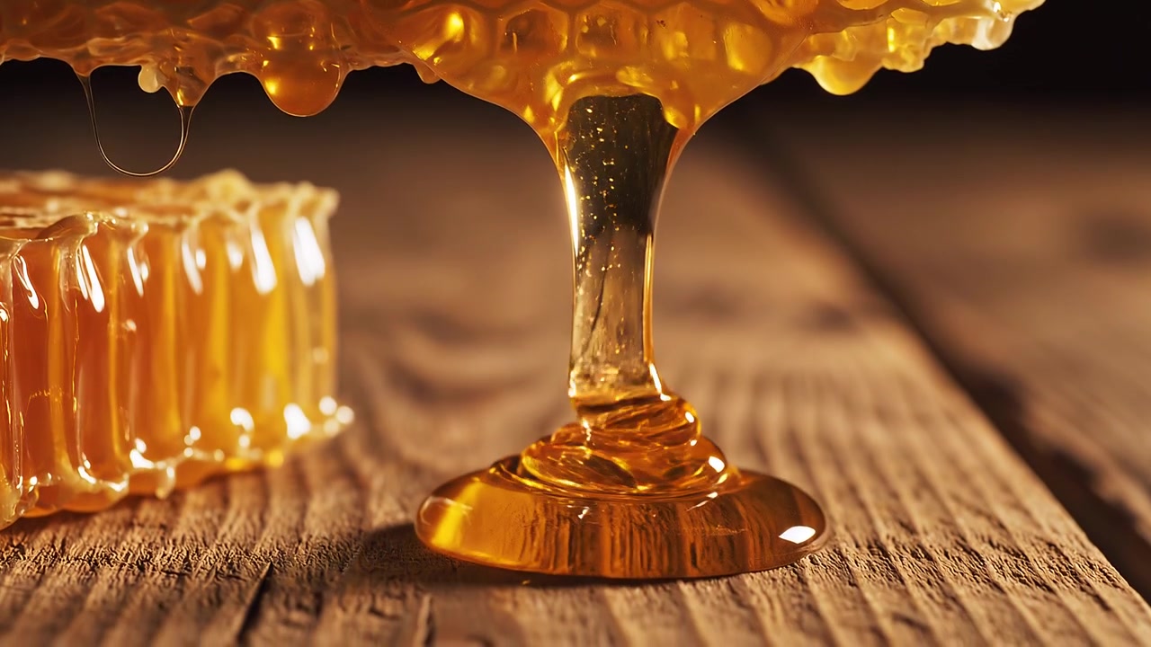 Foto macro de mel dourado fresco escorrendo de um favo de mel orgânico