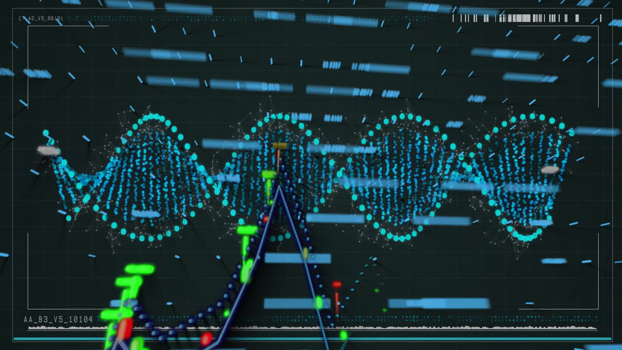 Processing scientific data, DNA strand with binary coding animation in laboratory